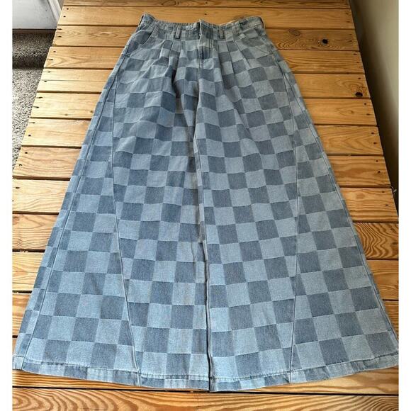 NWT Bibi Wide Leg Jeans Size Large Women’s Blue Checkered High Rise